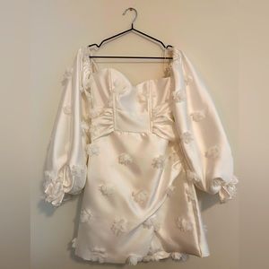 ASOS LUXE Wedding satin off shoulder mini dress hand embroidered flowers, white